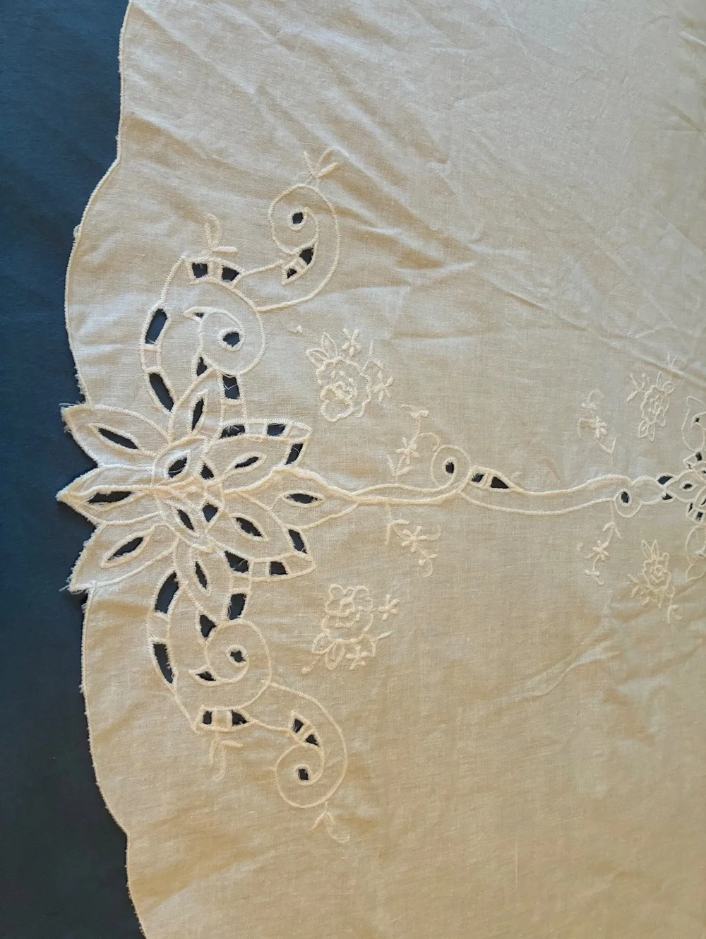 Vintage Round White Embroidered Tablecloth 65